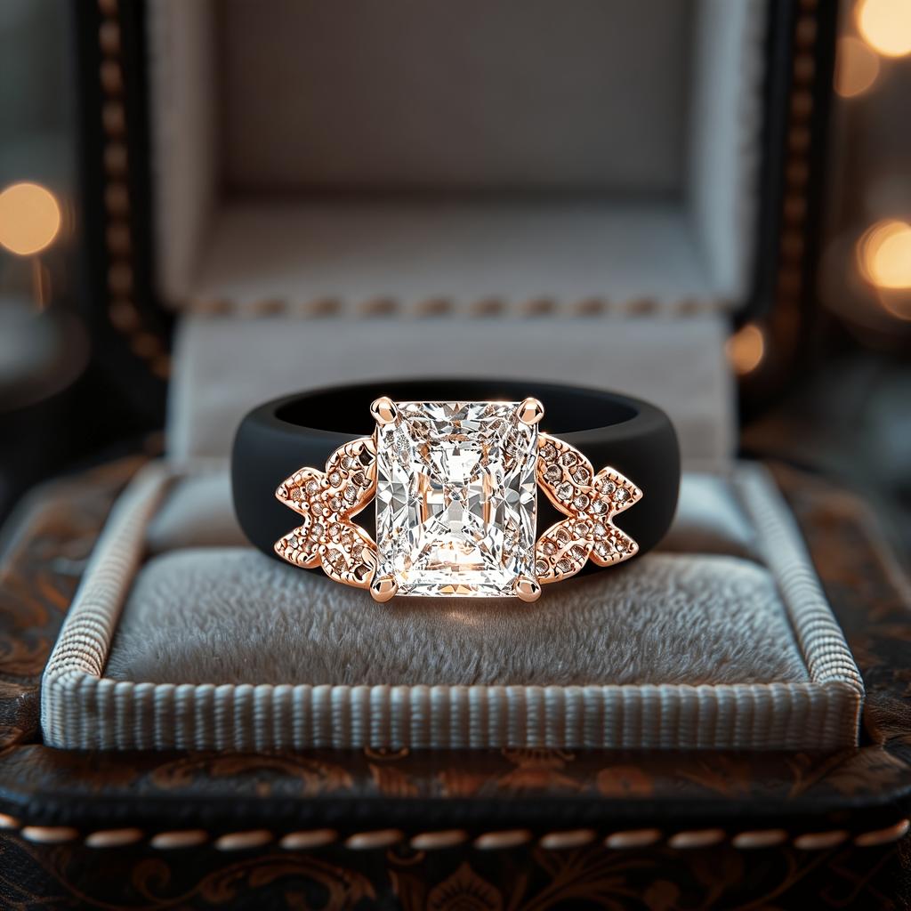 Luxury Cut Clear Zircon Silicone Ring, Butterfly CZ Side Details, Soft Black Comfort Fit Band Elegant Promise Jewelry for Her