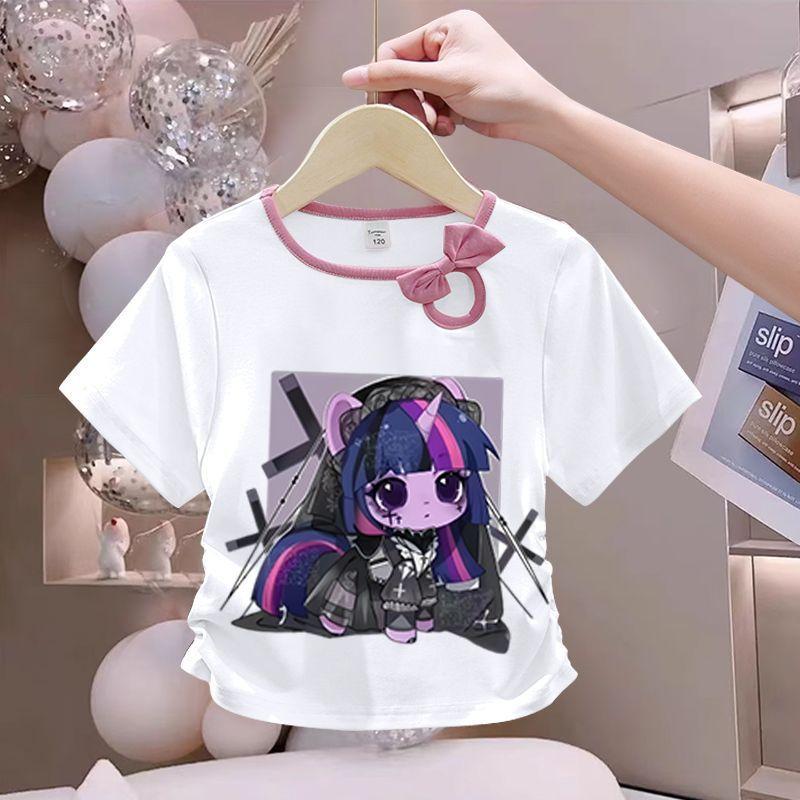 Girls' Fashionable Bow Tie Top for Summer, Children's Round-neck Short-sleeved Pure Cotton T-shirt