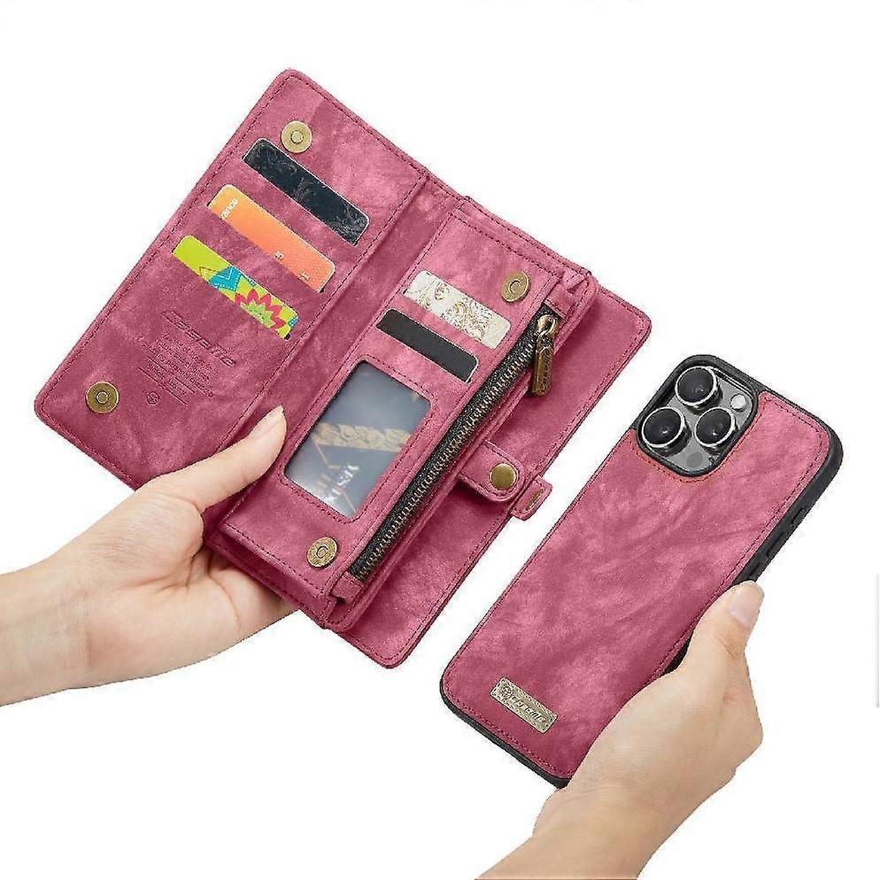 Flip Case for iPhone 16 Pro Max Leather Wallet Case 2 In 1 Detachable Multi Card Holder With Zipper Pocket Cash Slot and Hand Strap