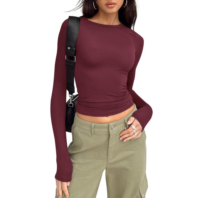 Women's Casual Long Sleeve T-Shirt Solid Color Slim-fit Pullover T-Shirt Women's Bottom Shirt Top