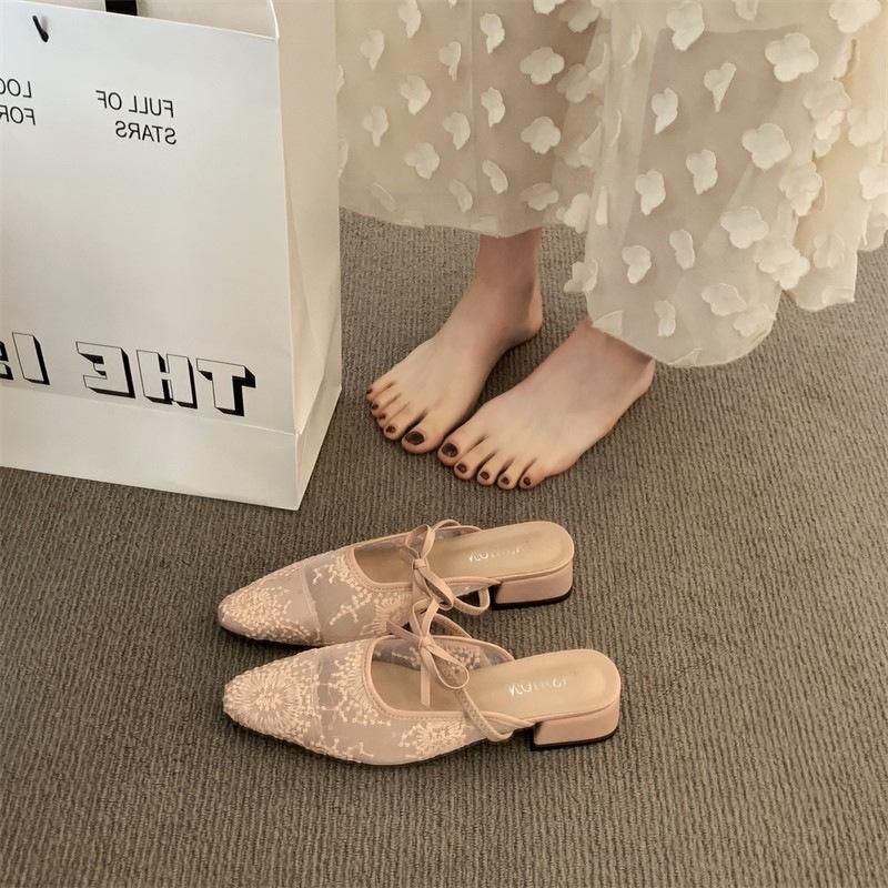 Gentle Lace Square Head Bow High Heels Women's Outer Wear Bag Head Half Slippers Niche Light Mouth Muller Cool Slippers