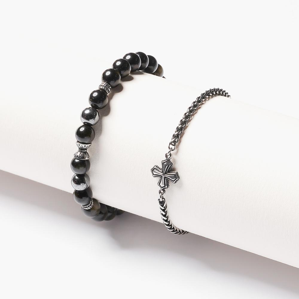 Jbans Classic Antique Twist Cross 1215 Ring 8 Silver Keystone 1229 Bracelet Set (C2503-Se443_Bk)