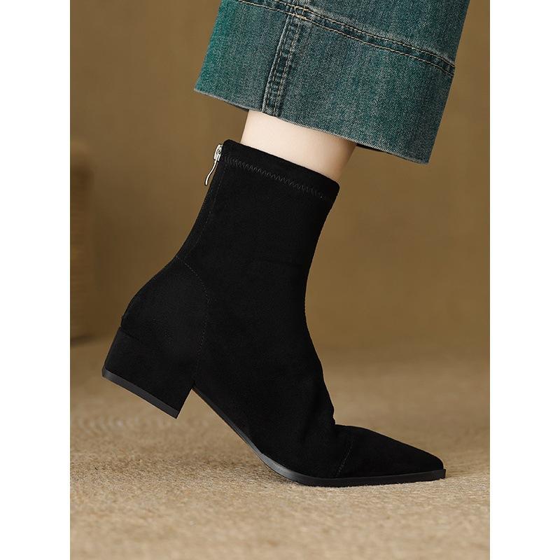 Elastic Skinny Boots Women's Skinny Rear Zipper Bare Boots Thick Heel Pointed Short Boots