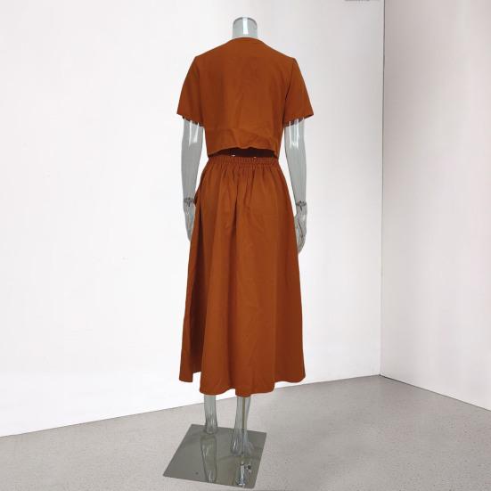 Women's Shirt And Skirt Solid Color O Neck Button Down Blouse Skirt with Pockets Summer Outfit for Office Business Occasions