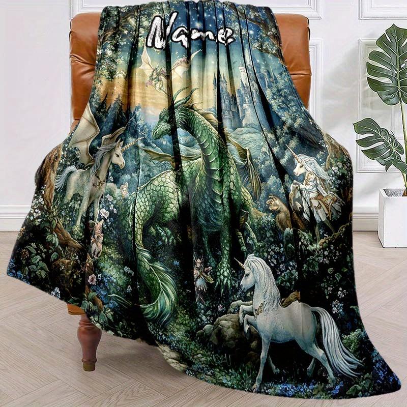 Dragons And Unicorns Customize Your Name Blanket Warm Comfortable And Soft Blankets Are Suitable For Home Chairs Office Sofas Sofas Office Camping And