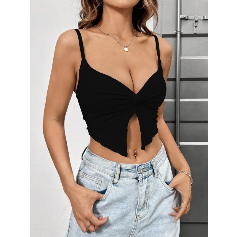 Women Sexy Slim Fit Slit Design Solid Twisted Single Strap Crop Camisole Top