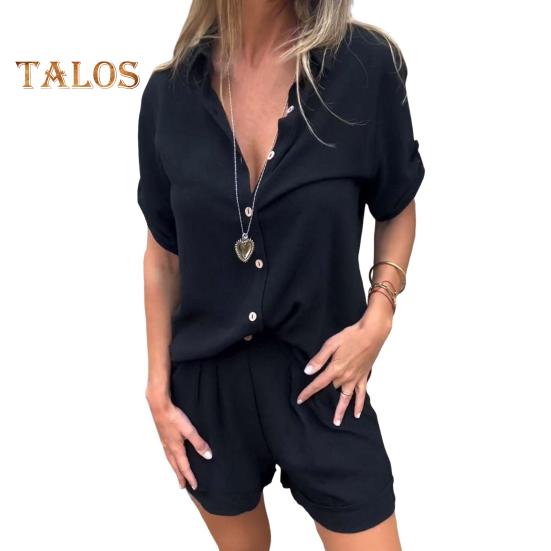 2 Piezas/Set Traje de Camisa y Pantalón Color Sólido Manga Corta Cuello Solapa Blusa Cintura Alta Holgado Largo por Encima de la Rodilla Conjunto de Pantalones Cortos Ropa Casual para Ir al Trabajo