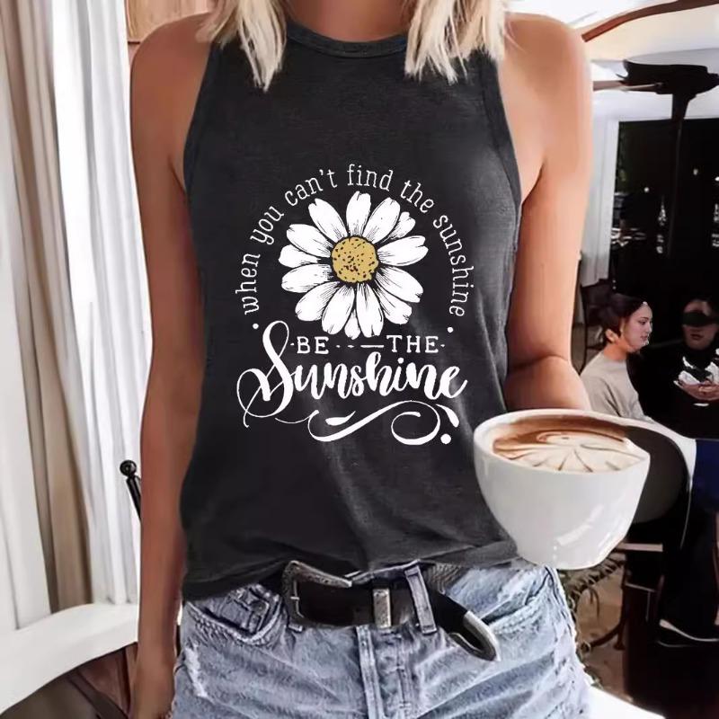 Printed Spring and Summer Sleeveless Top with A Round Neck Puller Vest