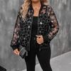 Women Sequined Mesh Patchwork Zipper Stand Collar Long Sleeve Sunscreen Jacket