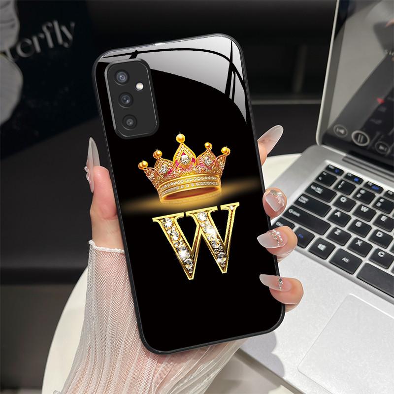 For Samsung M52 5G Case Galaxy M14 SM-M526B SM-M146B Phone Case ShockProof Fashion Initial Letter Hard Tempered Glass Back Cover