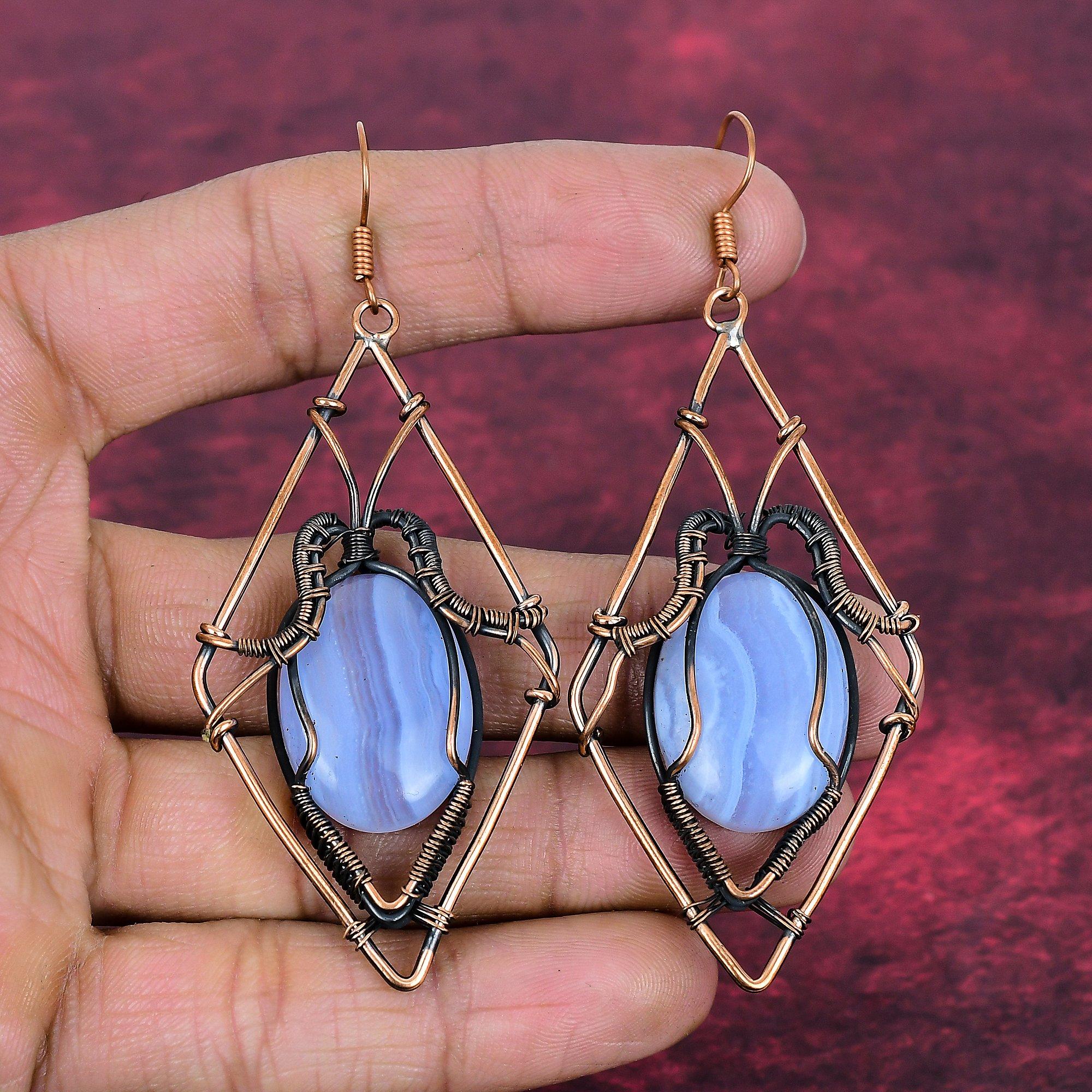 Blue Lace Agate Natural Gemstone Earrings Copper Wire Wrapped Handmade Jewelry