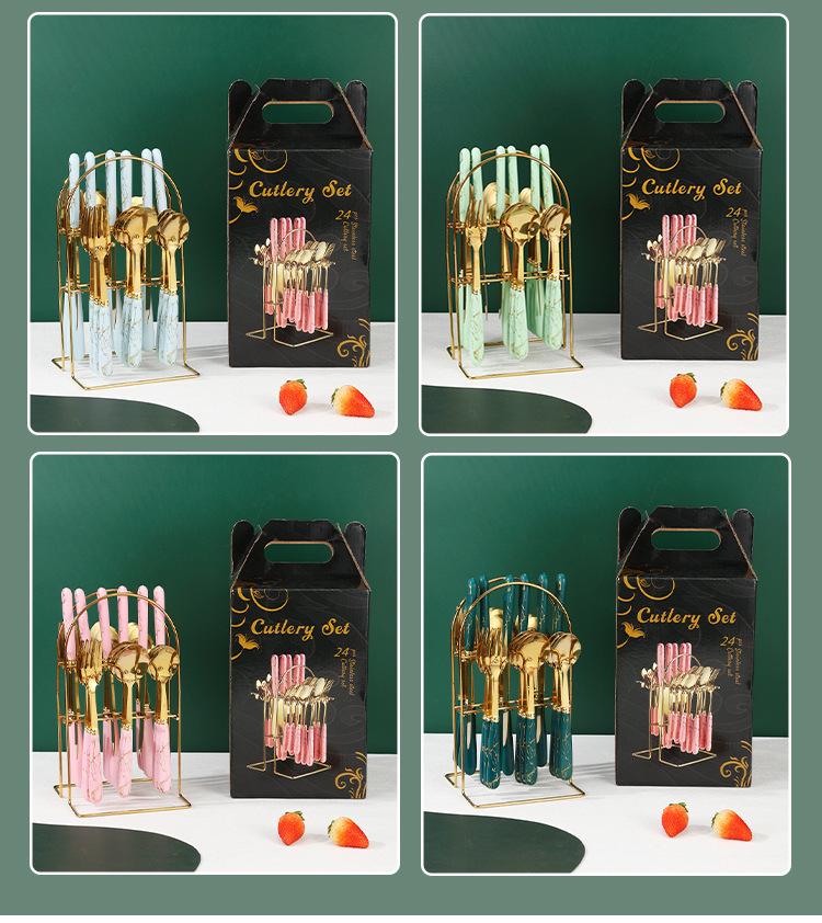 Set di Posate da 24 Pezzi in Acciaio Inossidabile con Manici a Fantasia Marmo e Porta Posate: Include Coltello da Bistecca, Forchetta, Cucchiaio e Cucchiaino.