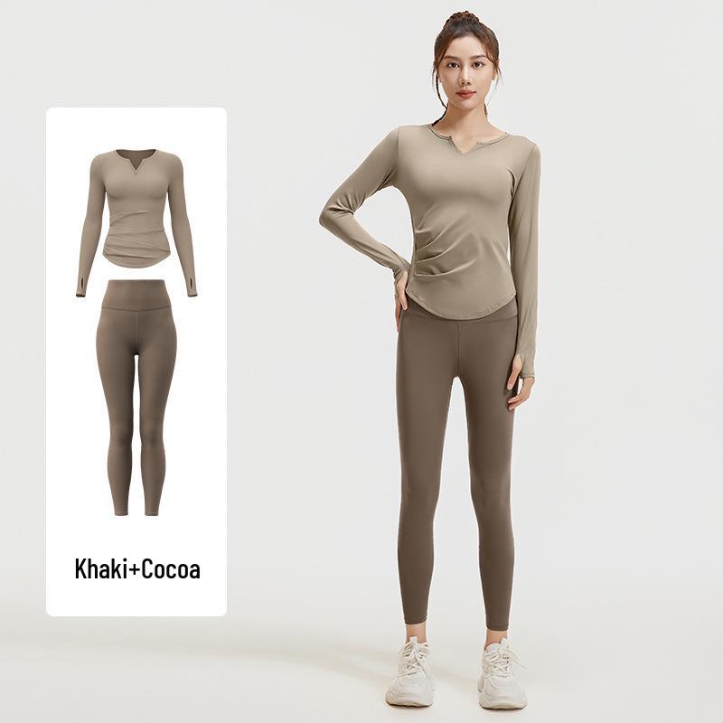 

Персиковый комплект для йоги с V-образным вырезом и драпировкой, леггинсы с высокой талией, комплект для фитнеса и велоспорта с длинным рукавом Extra Large