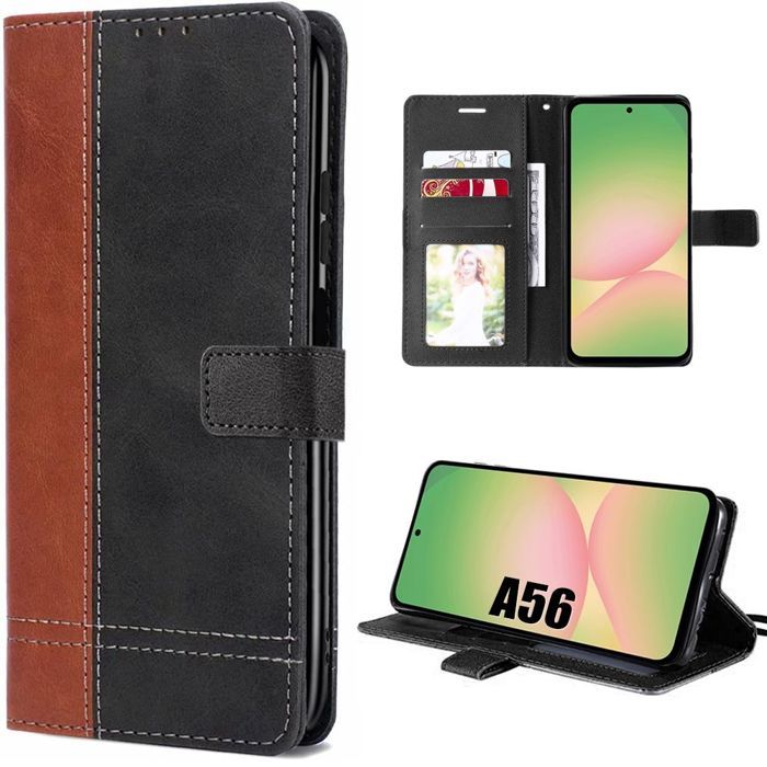 Coque de protection - BOOLING - pour Samsung Galaxy A56 5G - Cuir Synthétique - Antichoc - Bicolore Marron/Noir