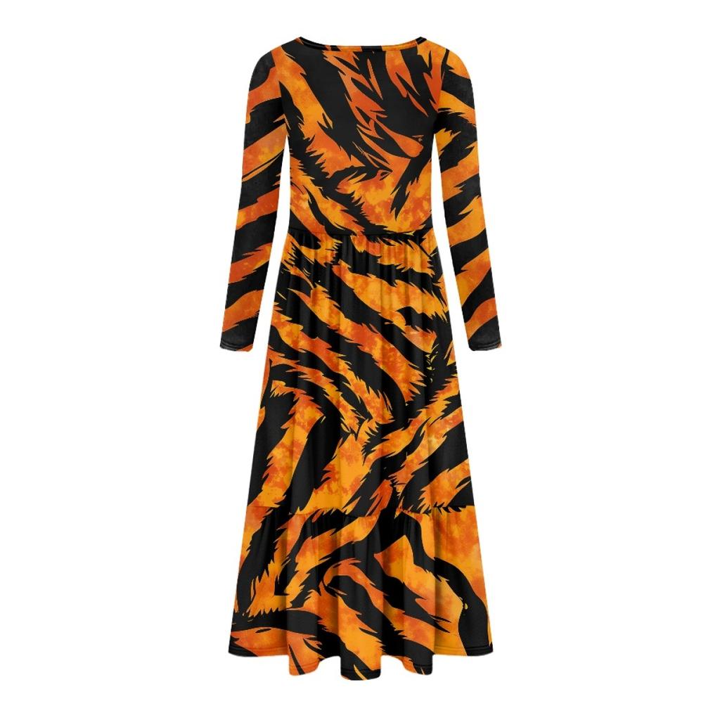 Long Sleeve Casual Midi Dress Ladies Patchwork Hem Loose Dress