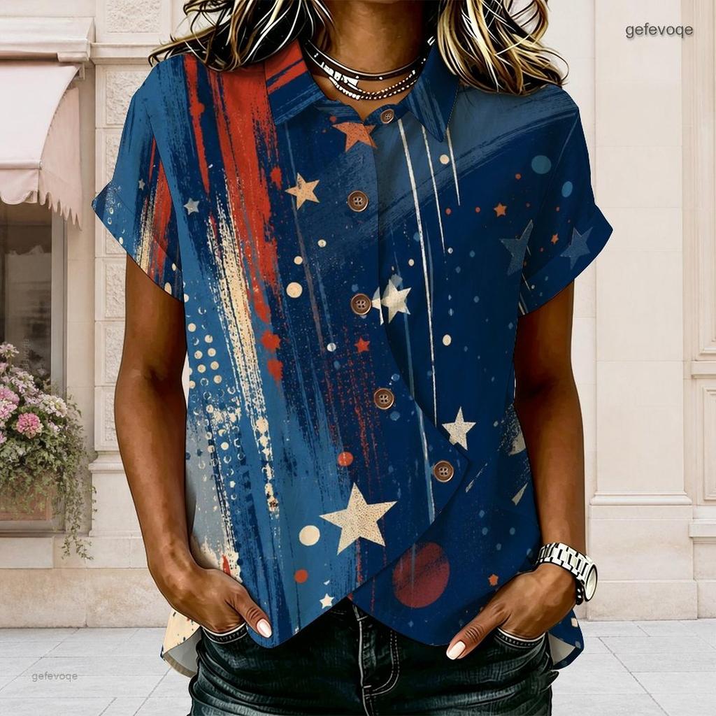 Plus Size Women Collared Short Sleeve Blouse Geometric Abstract Line Print Button Front Casual Summer Top