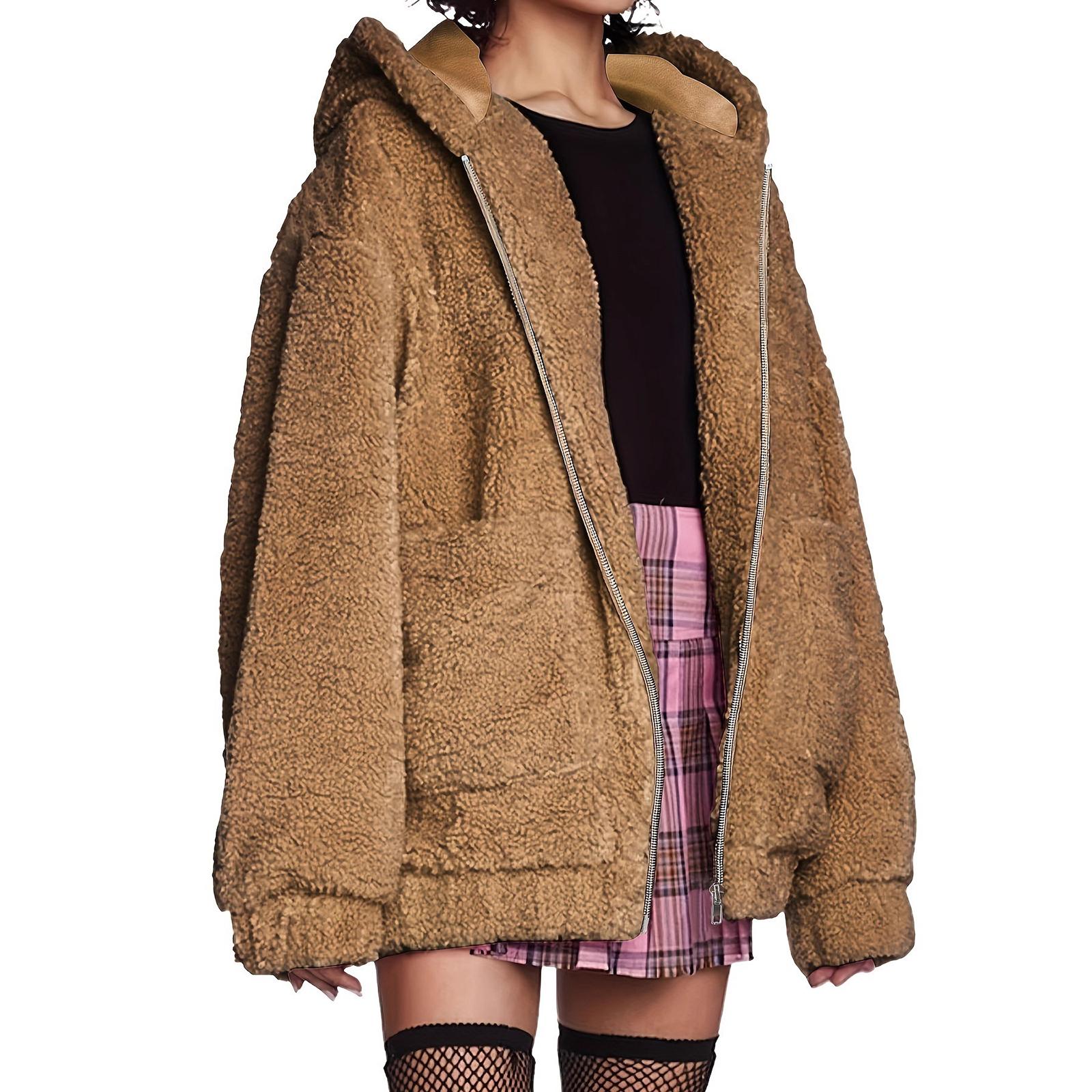 

Women s Fashionable Loose Oversized Furry Hooded Coat XXXXL коричневый