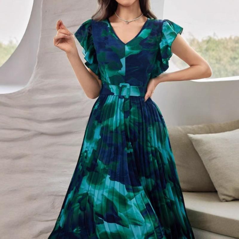 Women's Summer Wooden Ear Edge Patchwork Belt Buckle Decorative Pleated Waist Tie-dye Vintage Print Dress