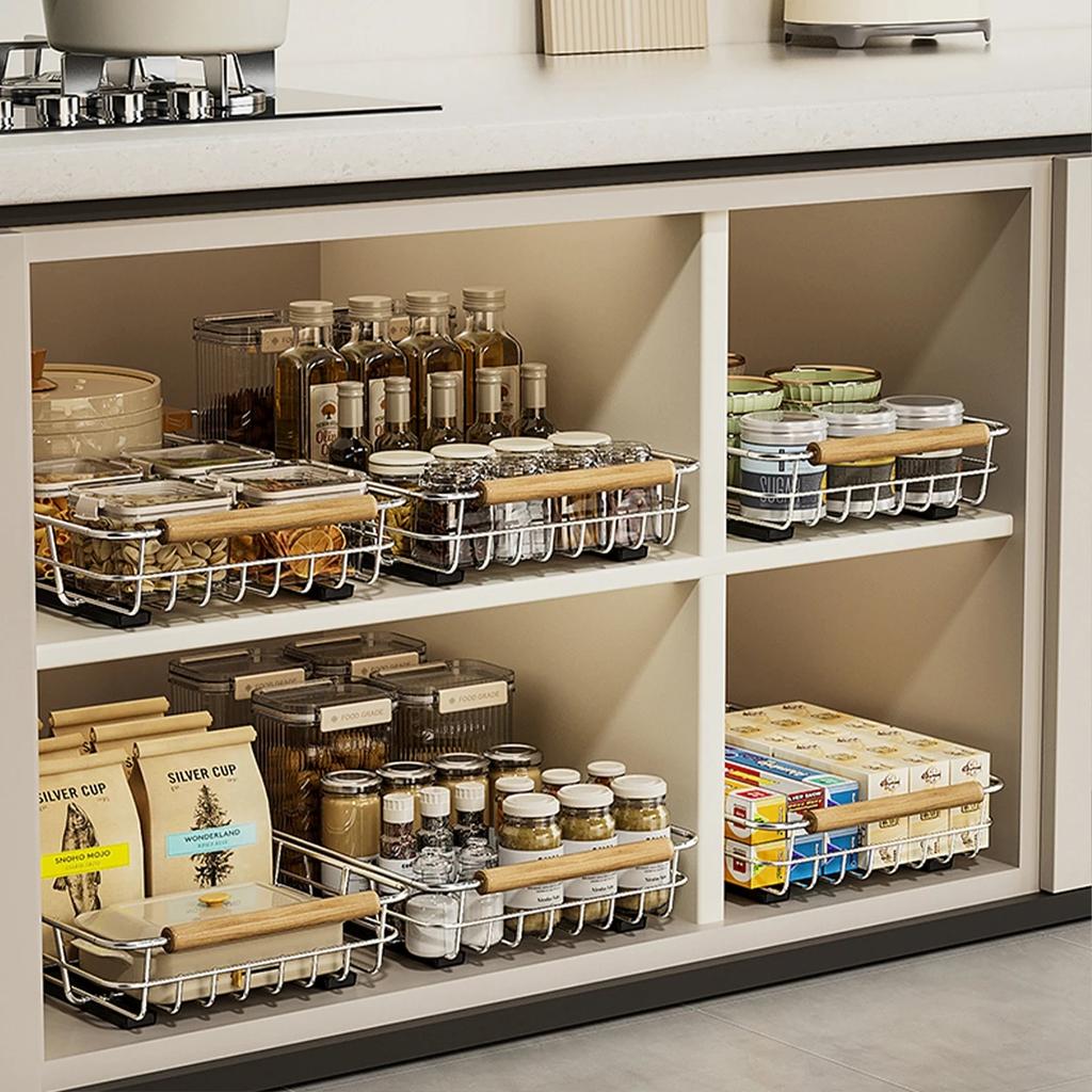 Výsuvný organizér na skříňky, kuchyňský kořenící stojan, úložný stojan na misky a nádoby, víceúčelový úložný stojan, vysouvací police do spíže