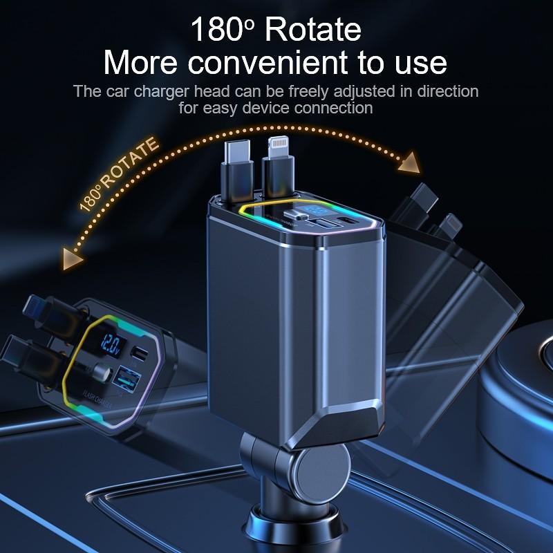 120W 4 In 1 Car Charger Multi Functional Scalable Cable Portable Car Fast Charging Mobile Phone Adapter