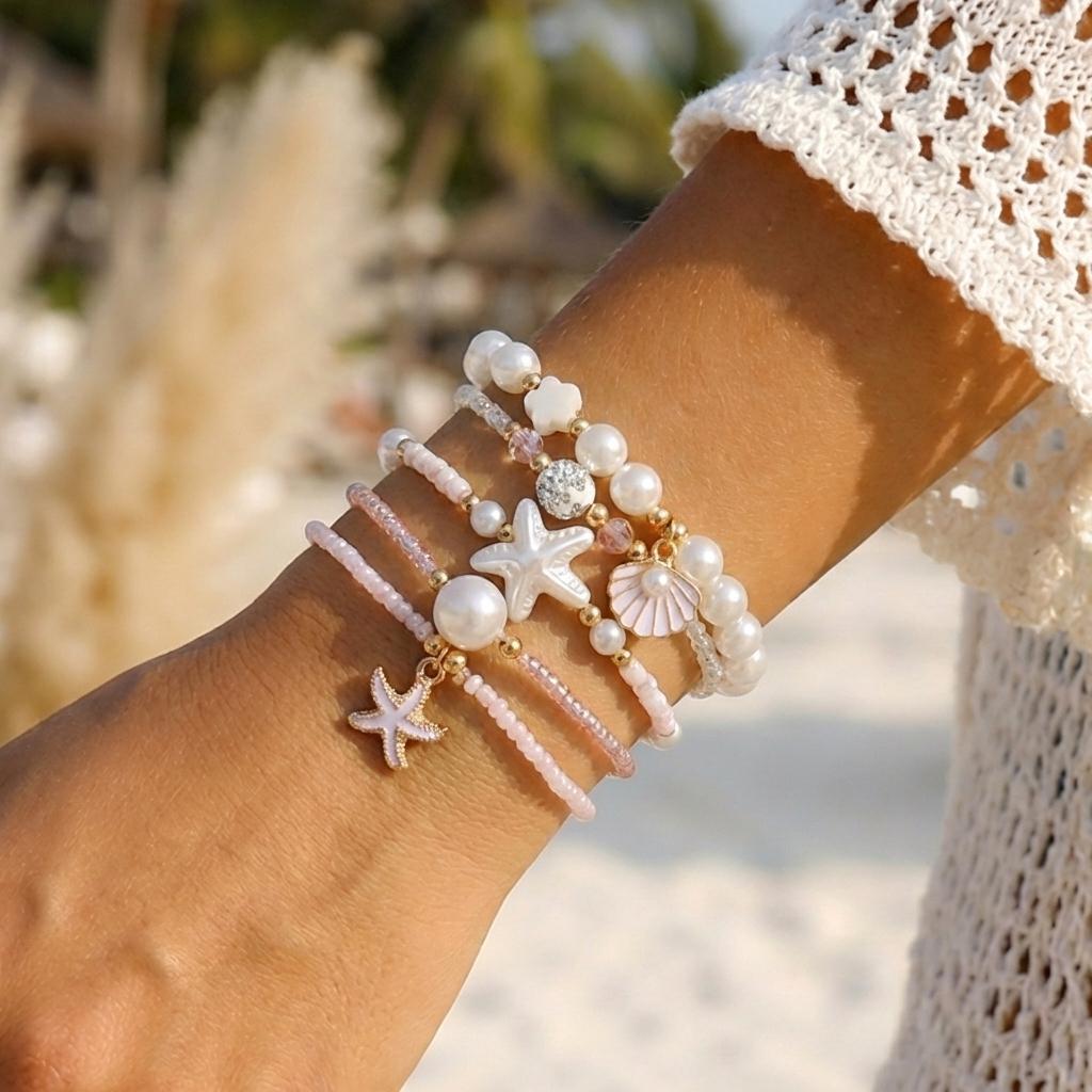 

Dainty Shell Imitation Pearl Stretch Bracelets for Women Multilayer Starfish Beaded Stackable Hand Chain Vacation Jewelry Gift