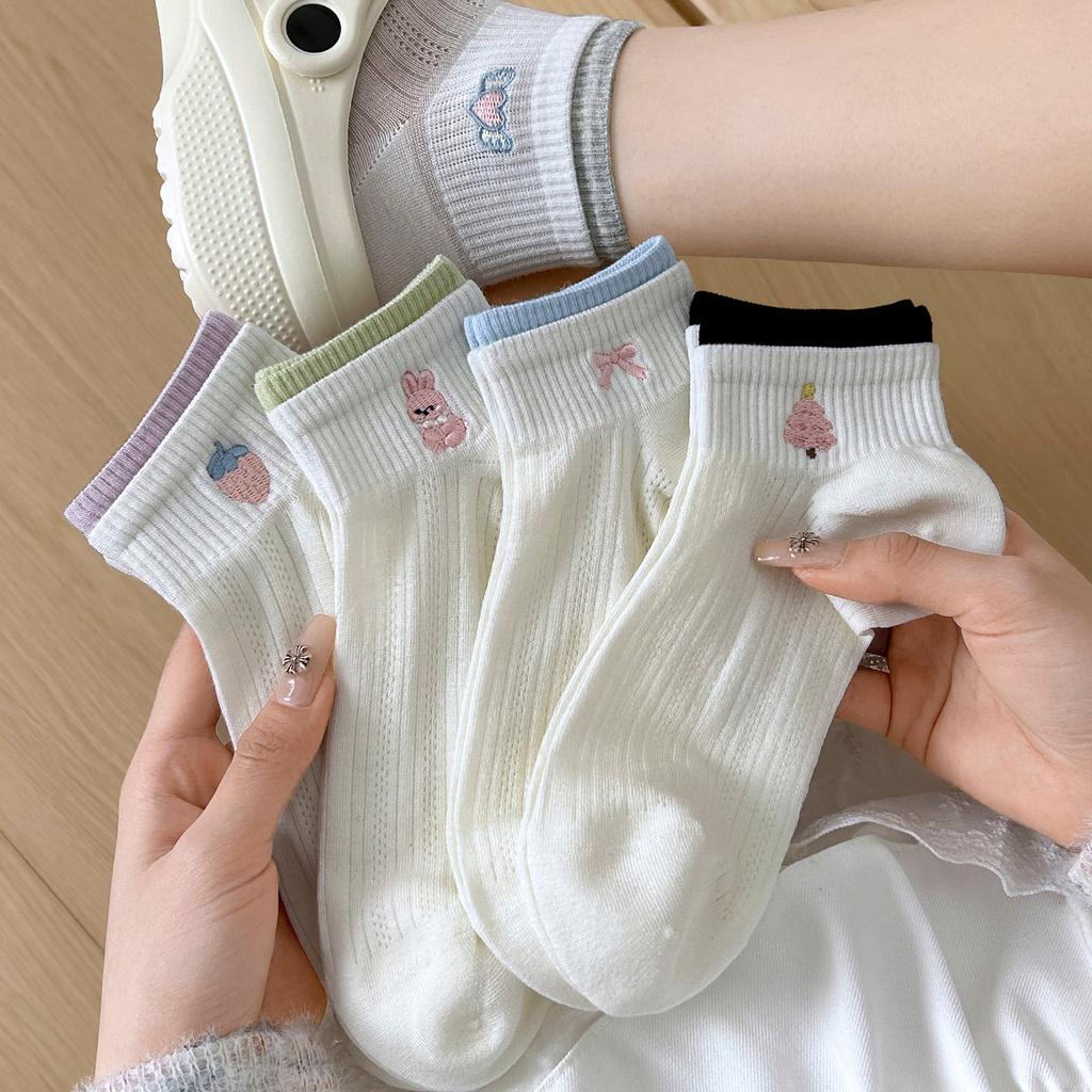 Cute Socks Ladies Short Cotton Summer Lightweight Mesh Breathable Embroidered Sports Socks
