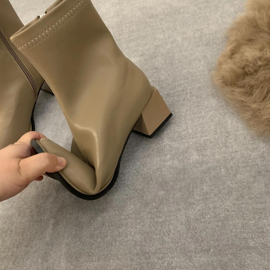 Štvorcová špička Dámske členkové čižmy Flock Stretch Topánky Tenké stredné podpätky Čierna/hnedá/béžová Zadný zips Šaty na zips Ponožkové čižmy Žena Veľkosť 35-40
