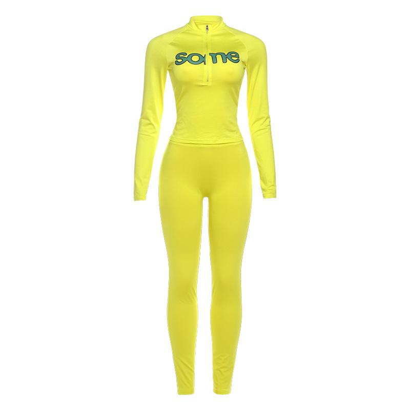 

Осенняя мода 2026 года Повседневный элегантный комплект для женщин: топ с длинным рукавом и принтом, узкие брюки S жёлтый