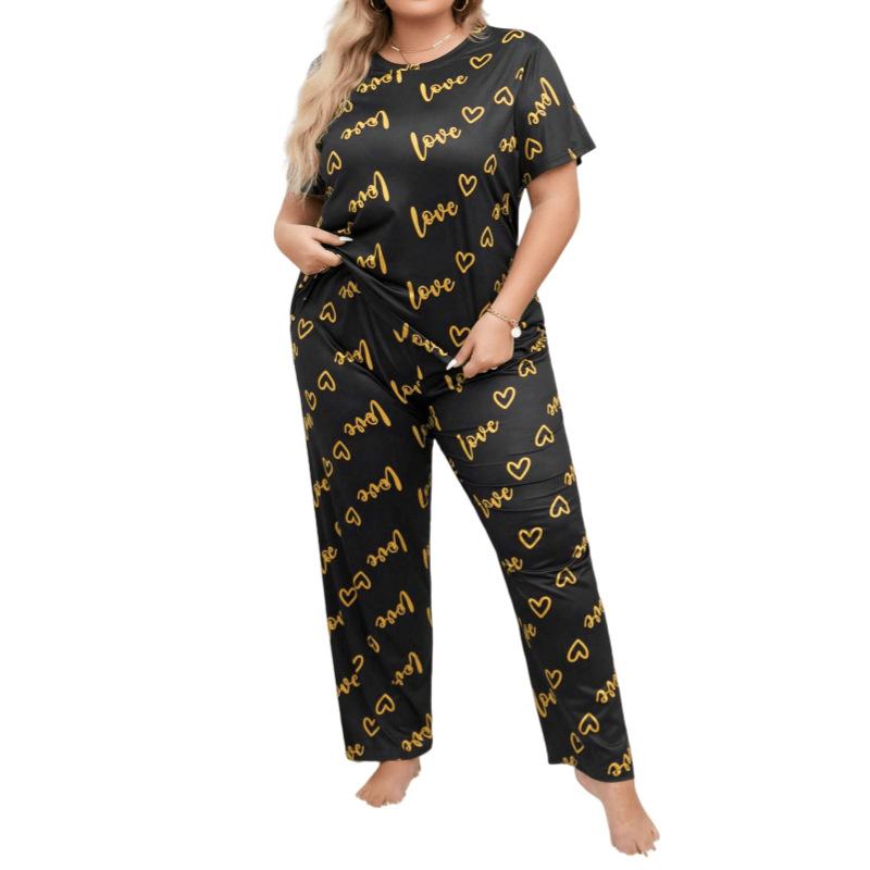 European and American Style Women’s Spring and Summer Pajama Set Plus Size Heart Print Short Sleeve Top and Long Pants Comfortable Loungewear