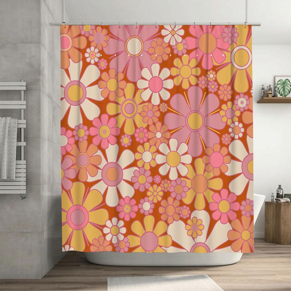 Vintage Floral Shower Curtain Waterproof Bathroom Decor Customizable Size Flower Pattern Home Decoration Orange/Pink/Yellow 72