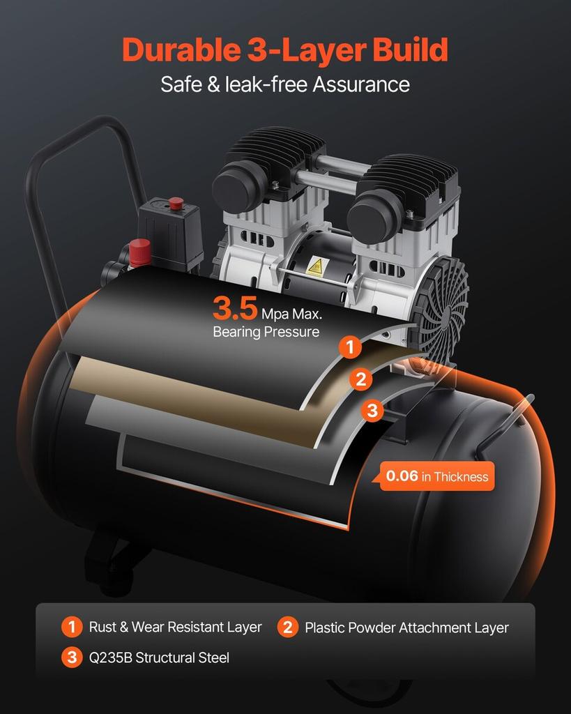Air Compressor Compact Portable Oil Free Compressor 15 Gallon 90 PSI