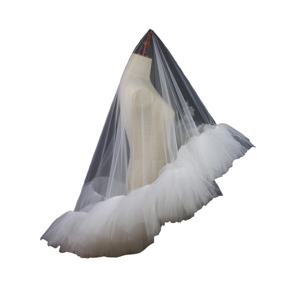 Xinmeiji Handmade White Double-Layer Bridal Veil with Ruffled Edge