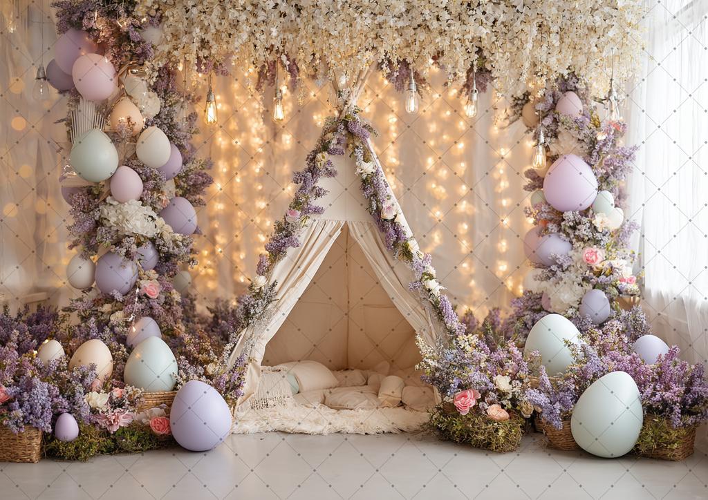 Spring Easter Photography Background Boho Tent Colorful Eggs Flower Baby Shower Birthday Party Decor Kid Portrait Photo Backdrop
