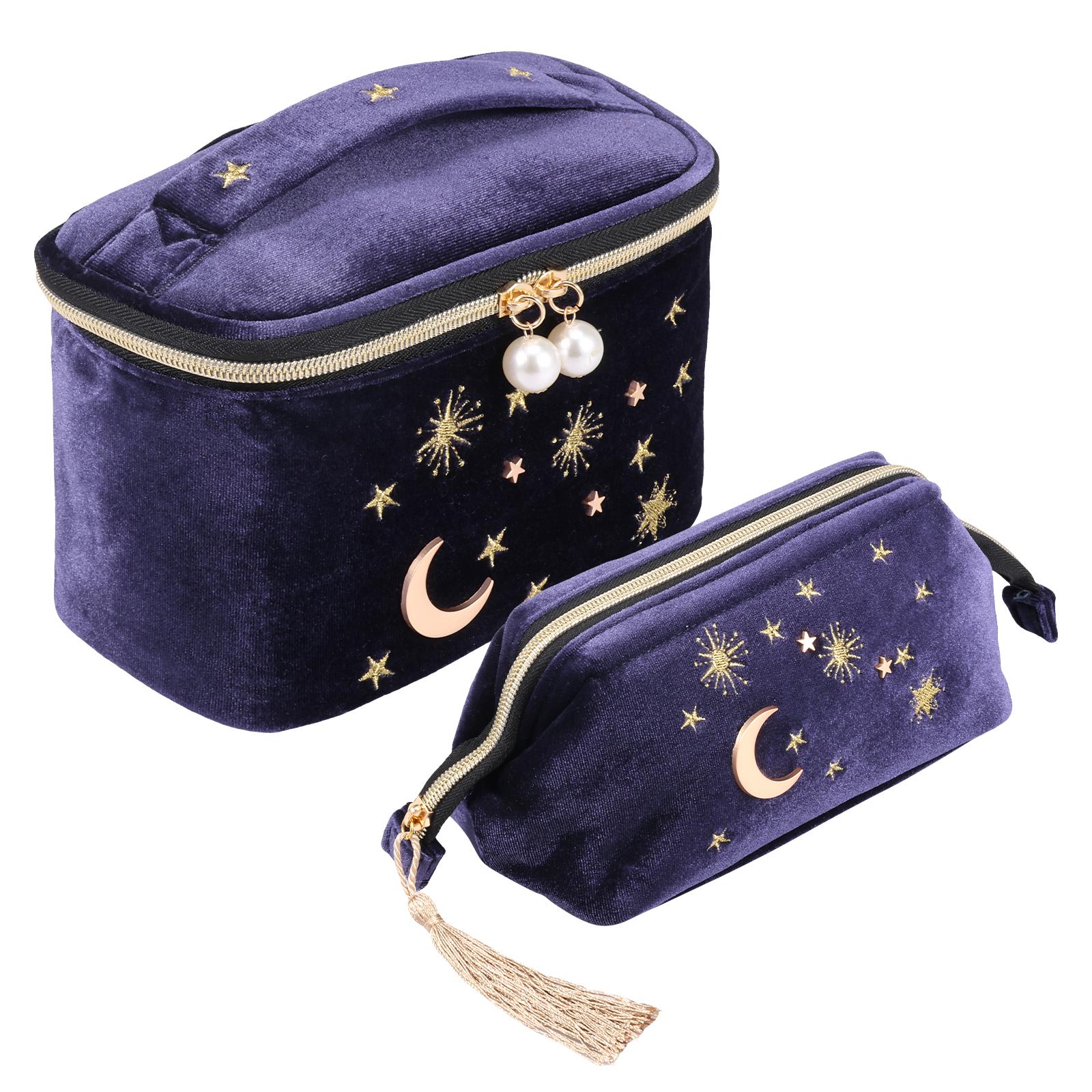 

2 portable makeup bags embroidered with moon star makeup bag large capacity star makeup bag with tassel embroidery storage bag