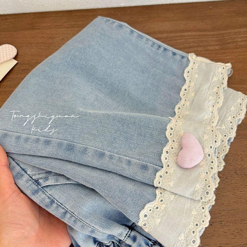 Girls Summer Thin Denim Capris Loose Wide Leg Jeans With Lace Trim Straight Cut Casual Pants For Kids