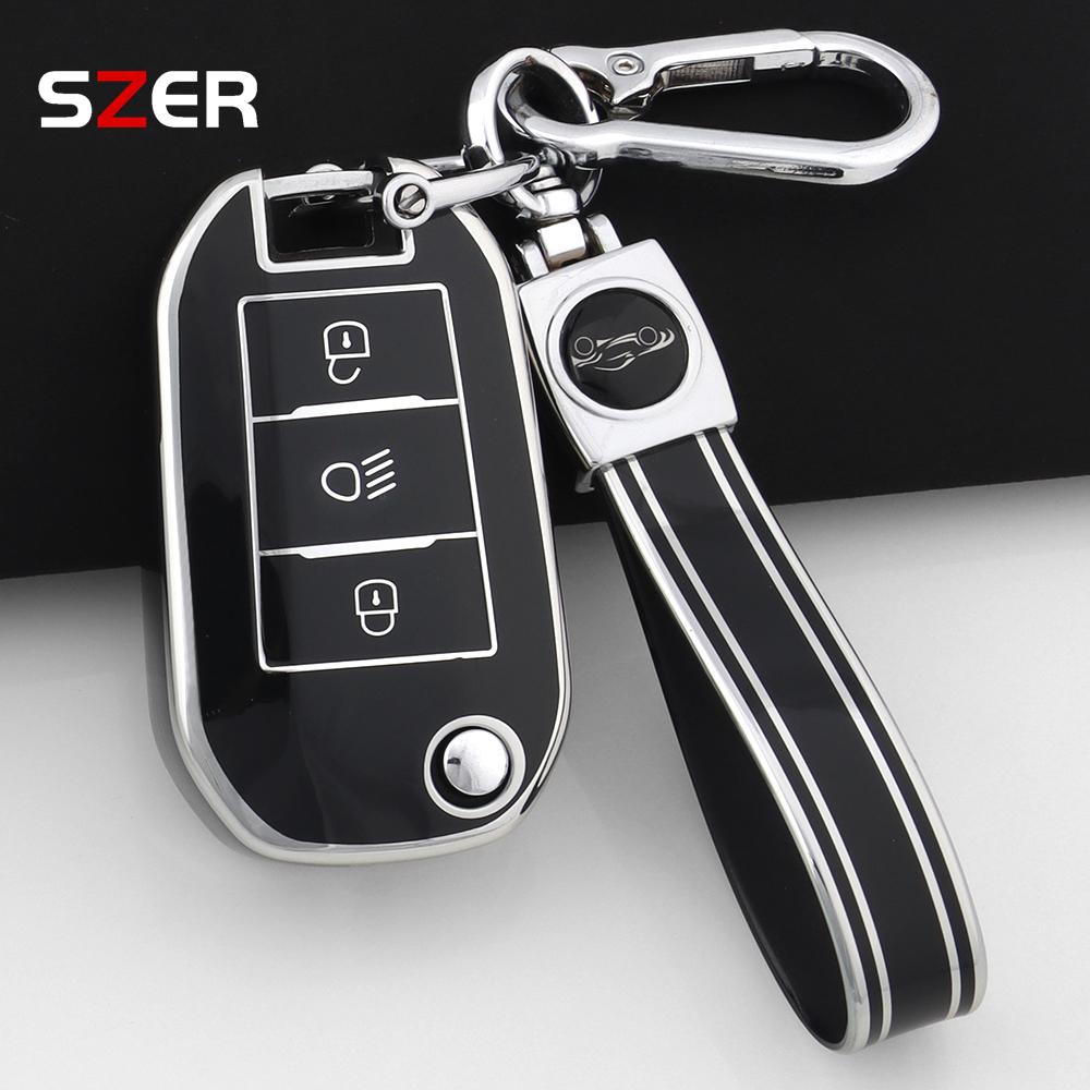 Tpu Car Flip Key Case Cover For Peugeot 208 308 408 508 2008 3008 4008 5008 For Citroen C3 C4 Cactus C6 C8 Protector Keychain
