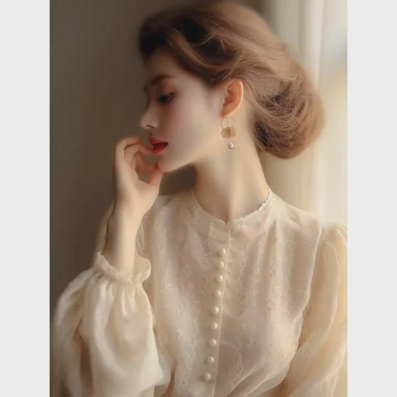 "zZZ2024 Fransk Aprikosspets Långärmad Blus för Kvinnor"