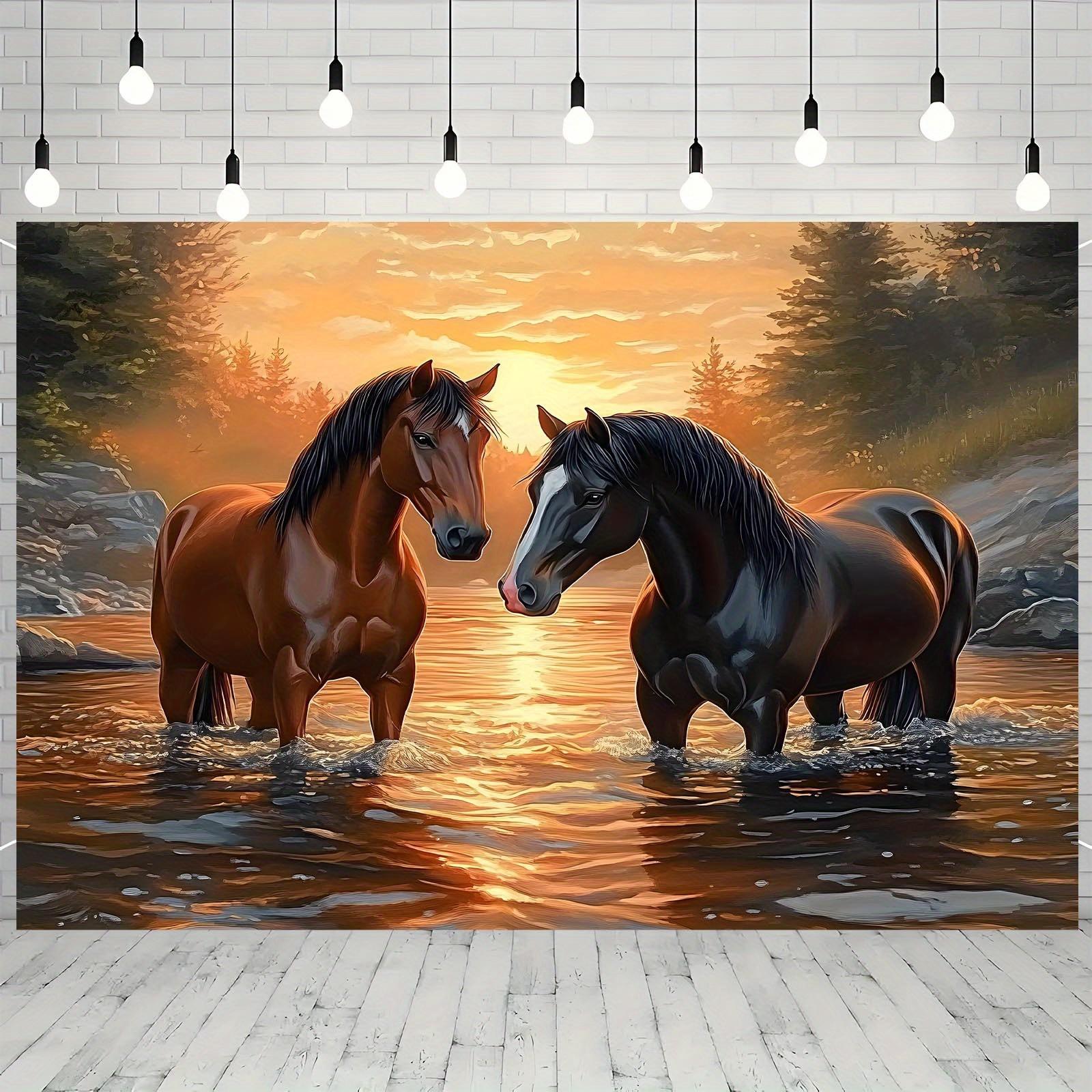

Majestic Horse Couple Sunset River Scene Wall Tapestry Soft Peach Light Beige Fabric Durable Polyester Easy to Hang Ind 74x94cm(29x37in)