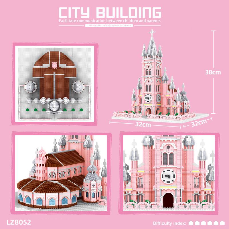 Creative Vietnam Pink Sacred Heart Church Of Jesus Building Brick Micro Diamond Block World Famous Architecture Nanobricks Toys
