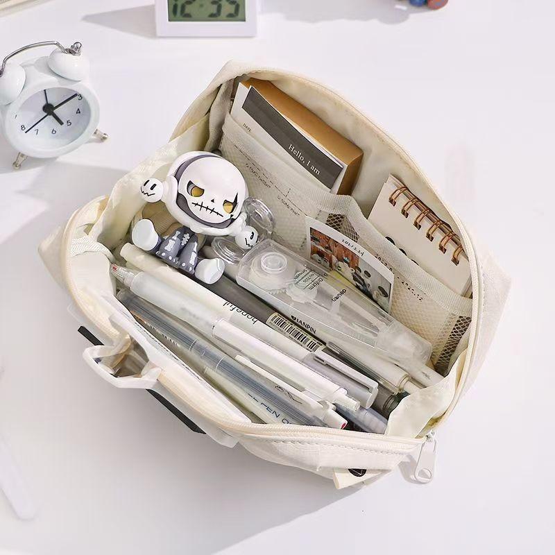 Simple Solid Color Leather Pencil Case Large Capacity Multi-layer Storage Pencil Bags Multi-functional Stationery Storage Box