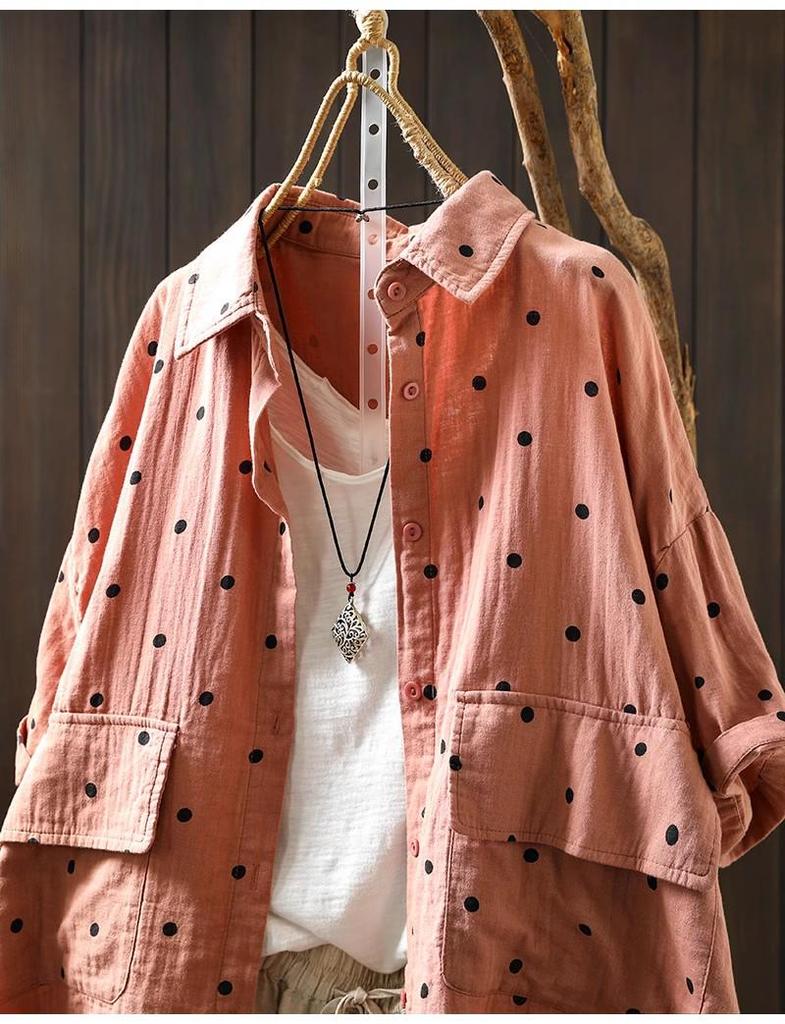 2025 Women's Cotton Linen Polka Dot Shirt - Short Sleeve, Loose Fit, Plus Size, Artistic Casual Summer Jacket