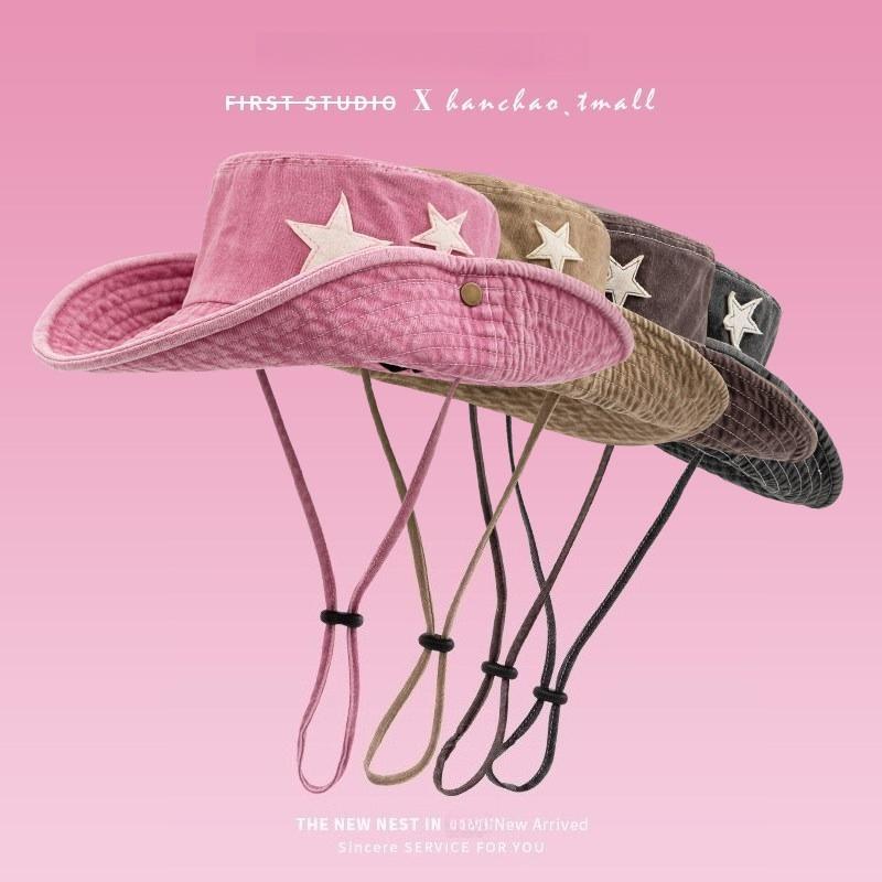 1Pc Punk Star Wide Brim Cowboy Hat For Women Girl Summer Sunscreen Fordable Sunshade Fisherman Cap Outdoor Camping Climbing Hats