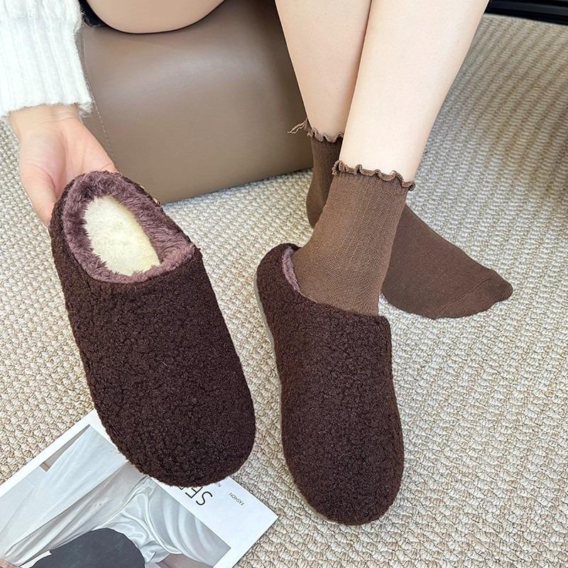 Season's New Autumn and Winter Baotou Warm and Non-slip Home Thick-soled Slippers Wear Simple Fluffy Cotton Half Slippers Women