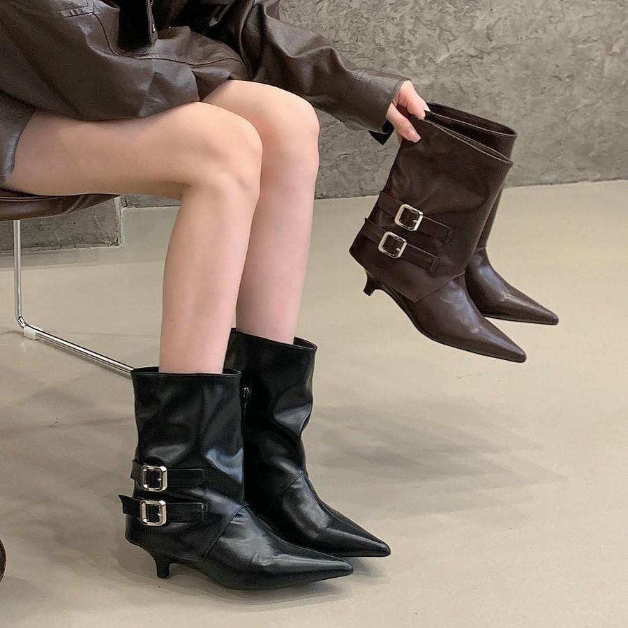 

French pointed thick heel fashion short boots women s 2025 spring and autumn new single boots retro belt buckle medium tube pants tube boots 39 коричневый