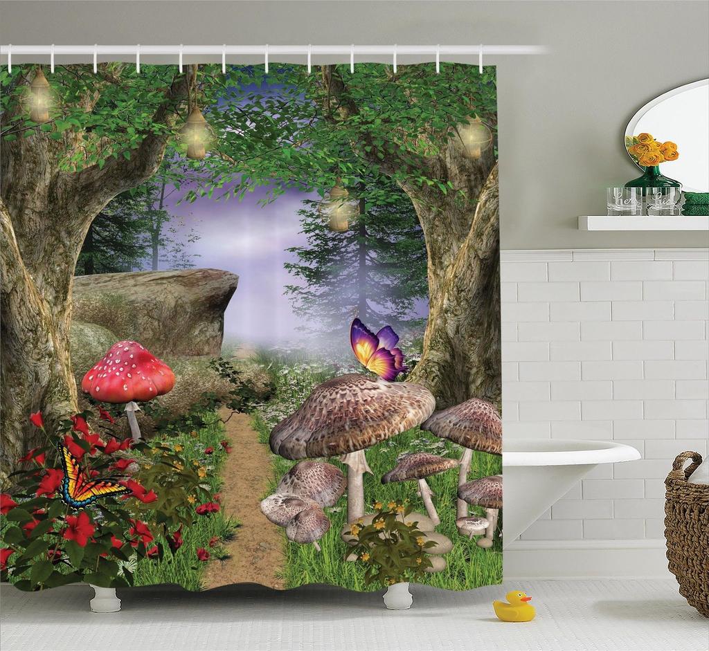 Fantasy Forest Shower Curtain Set Mystery Fairy Forest  Mushroom Flower Plant Home Bathroom Decor Curtains  Bath Accessory Set