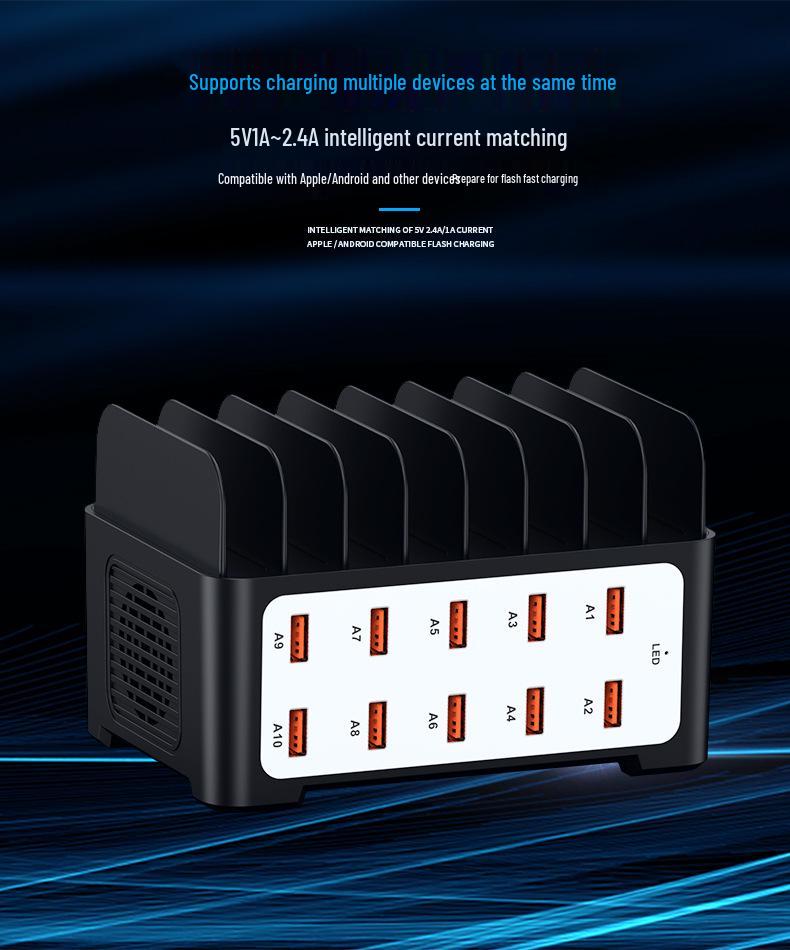 10-Port USB Charger with Stand - Multi-Port Power Strip, 5V 2A