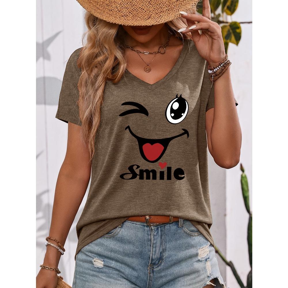 [T-shirt Imprimé Ancre] T-shirt Décontracté pour Femme à Imprimé Ancre et Col en V - Court