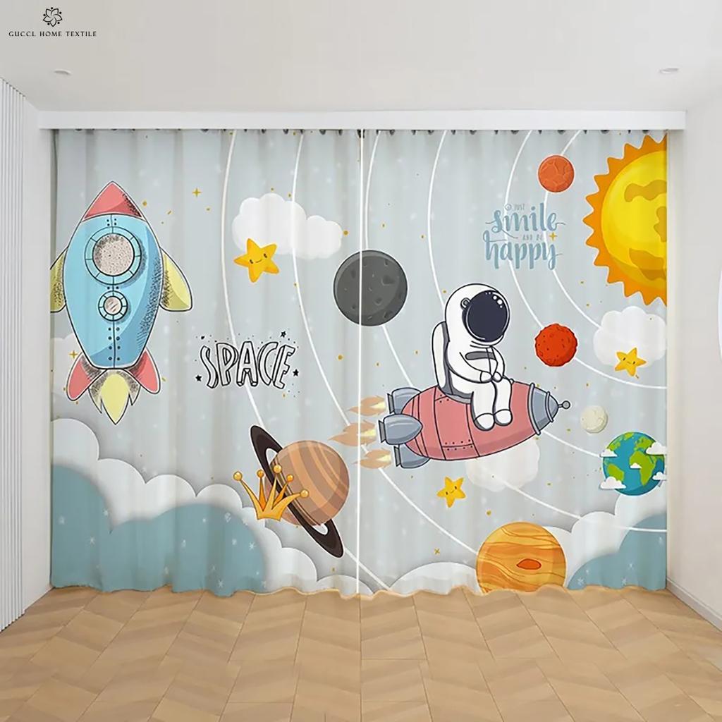 Kreslené závěsy s potiskem astronauta a vesmírné lodi, Zatemňovací, Tepelná ochrana, Ložnice, Obývací pokoj, Pracovna, 2 ks
