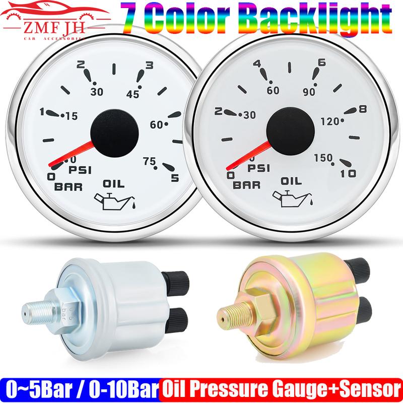 Auto Car 52mm Oil Pressure Gauge+Sensor 7 Color Backlight 0~5Bar 0-10Bar Oil Press Meter with Sensor Marine Boat 12V24V