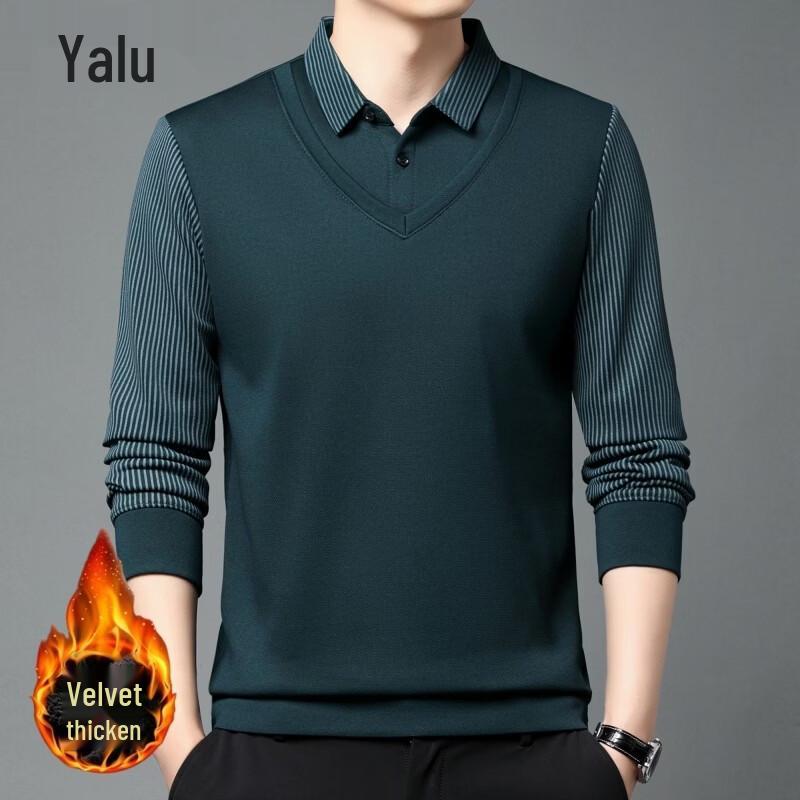 Yalu Men's Faux Two-Piece Fleece-Lined Shirt-Collar Sweater